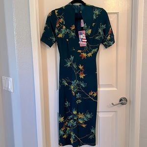 NWT Pinup Girl Clothing Teal Fall Leaves Midi Sz S